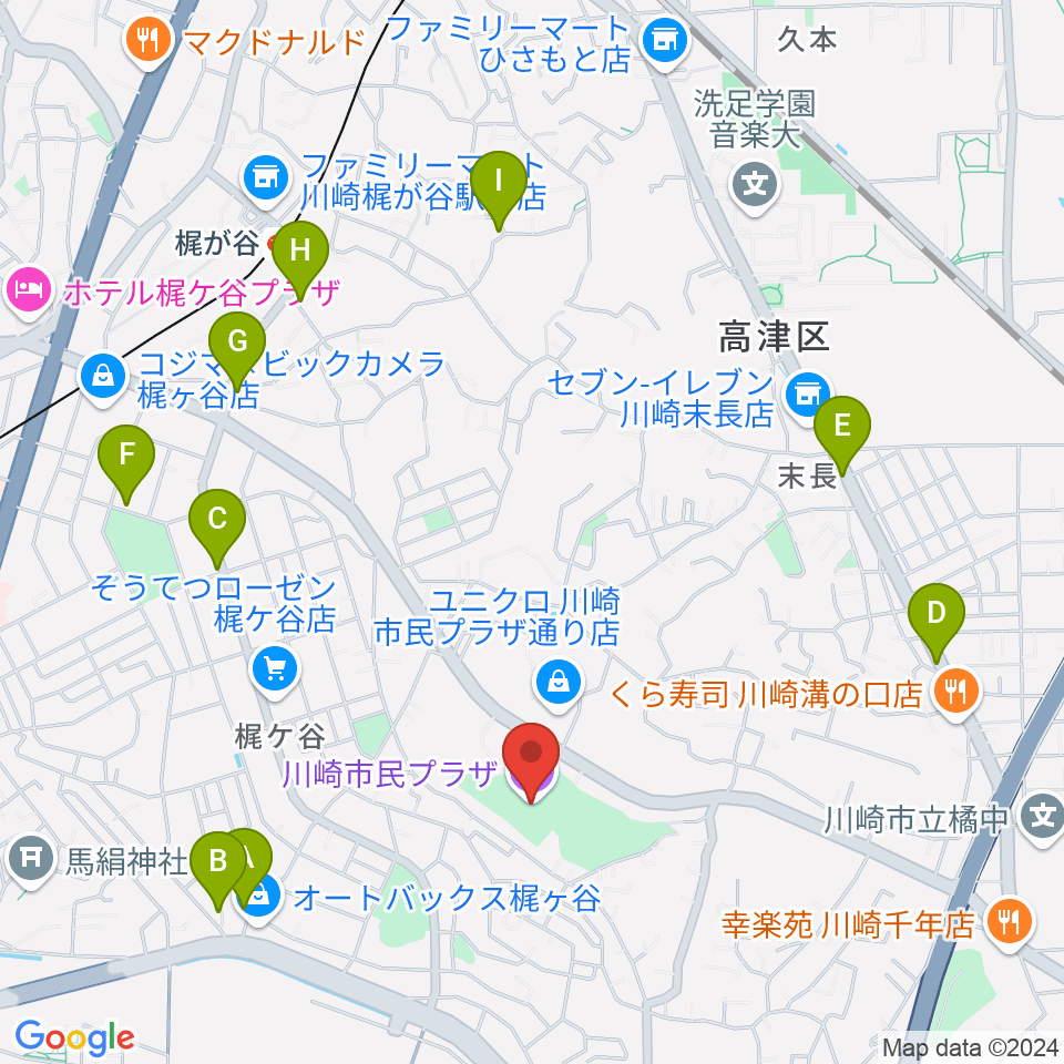 川崎市民プラザ周辺のカフェ一覧地図