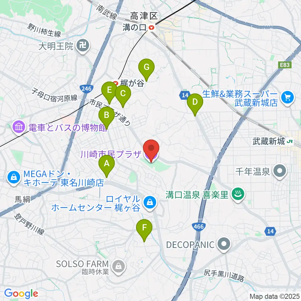 川崎市民プラザ周辺のカフェ一覧地図
