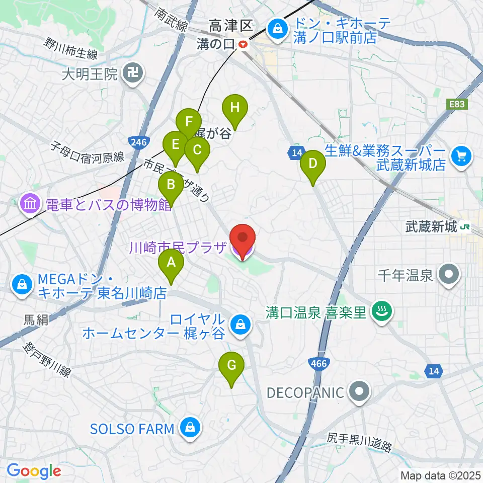 川崎市民プラザ周辺のカフェ一覧地図