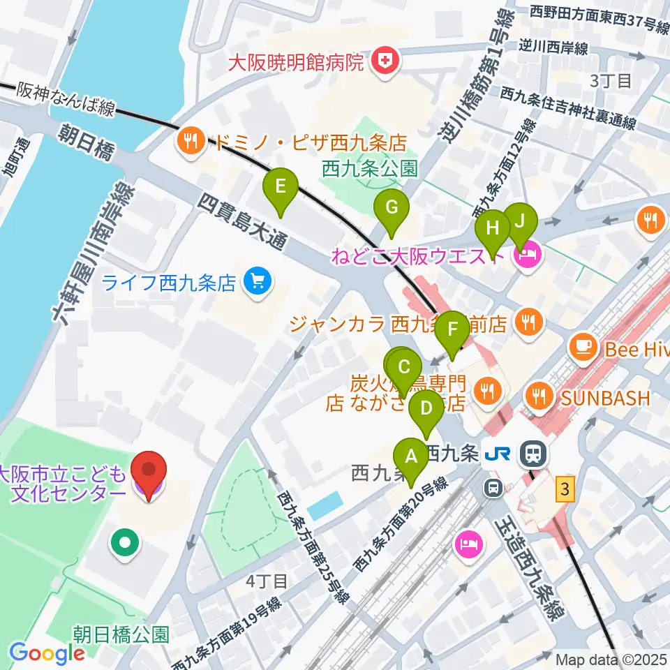 大阪市立こども文化センター周辺のカフェ一覧地図