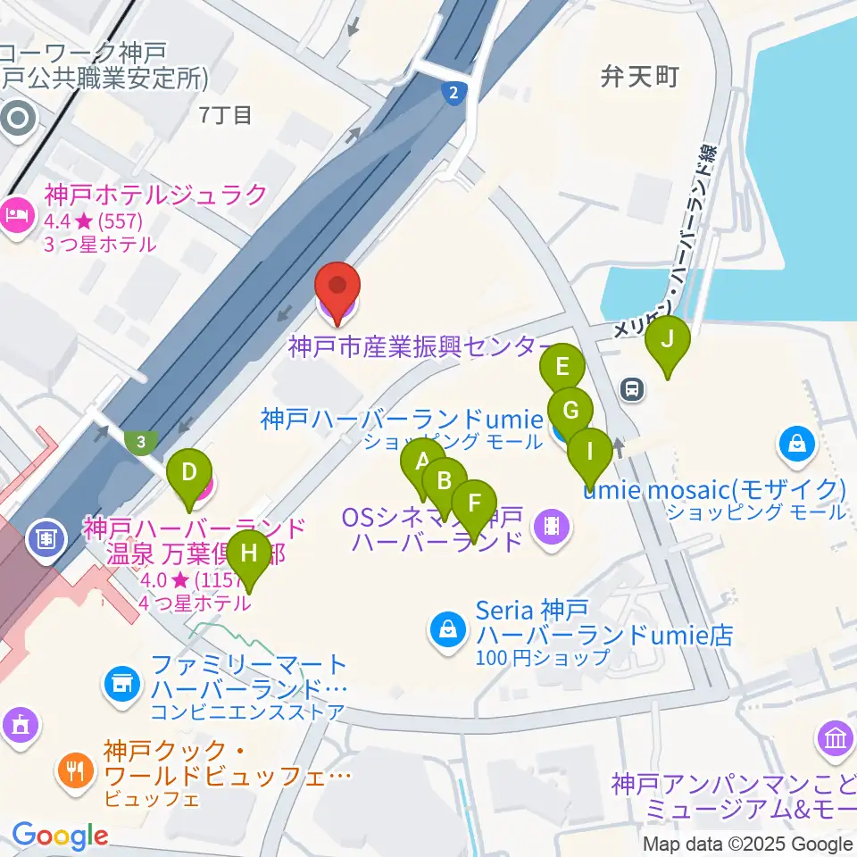 神戸市産業振興センターハーバーホール周辺のカフェ一覧地図