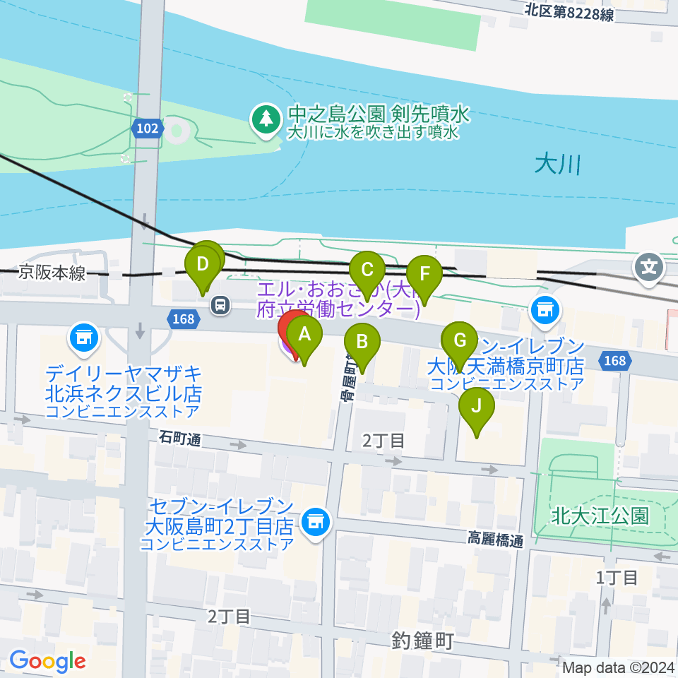 エル・おおさか 大阪府立労働センター周辺のカフェ一覧地図