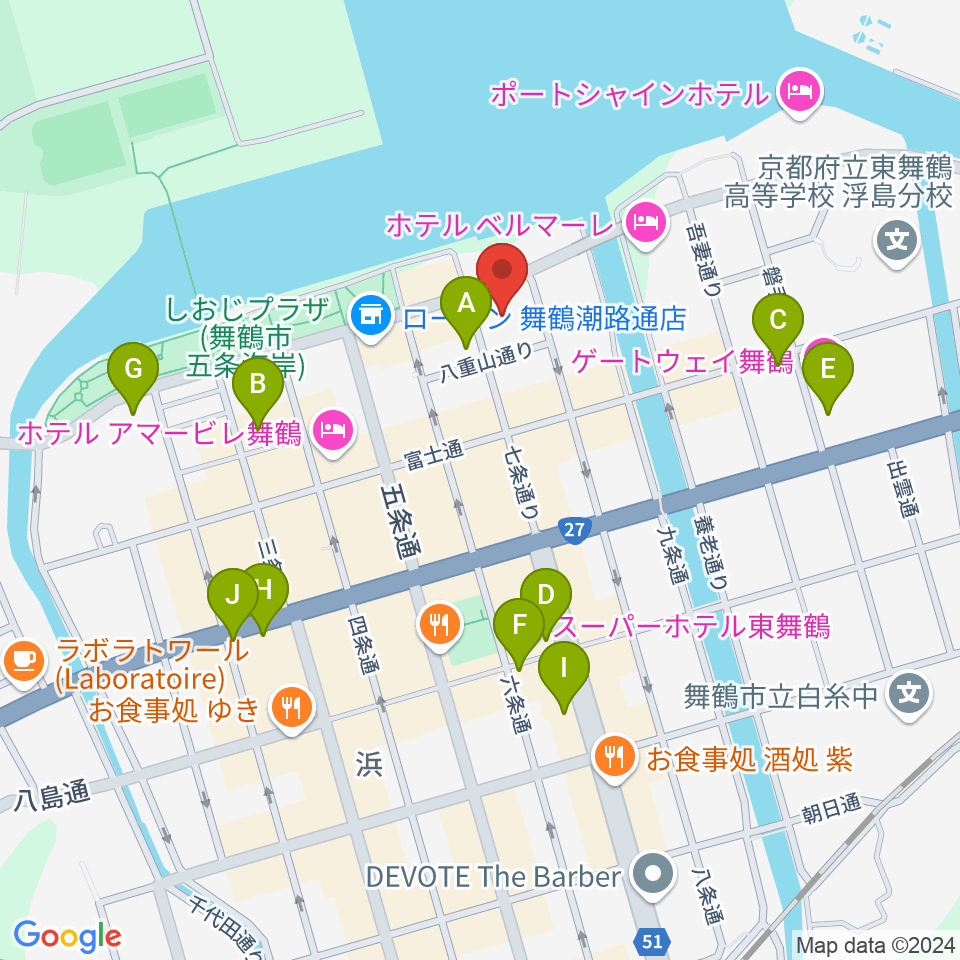 舞鶴市商工観光センターまいづるベイプラザ周辺のカフェ一覧地図