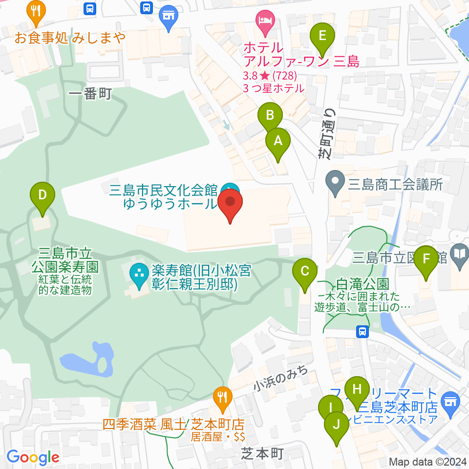 三島市民文化会館 ゆぅゆぅホール周辺のカフェ一覧地図