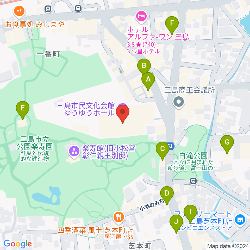 三島市民文化会館 ゆぅゆぅホール周辺のカフェ一覧地図