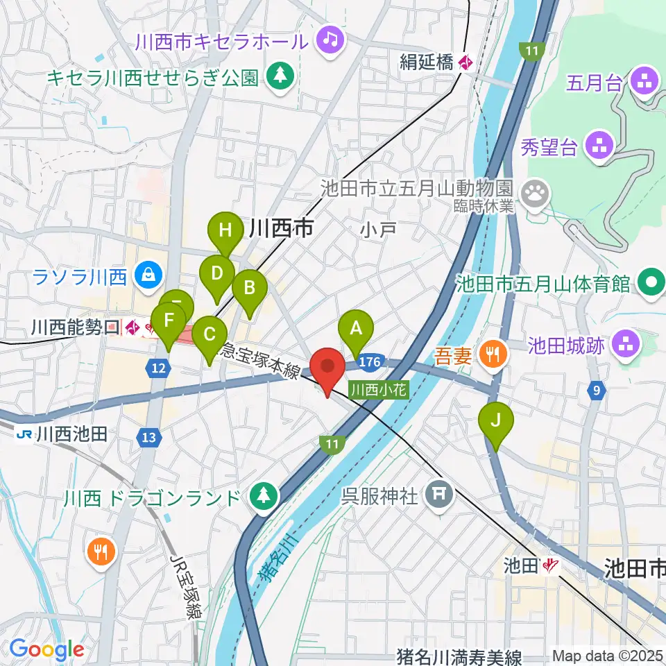 川西市みつなかホール周辺のカフェ一覧地図