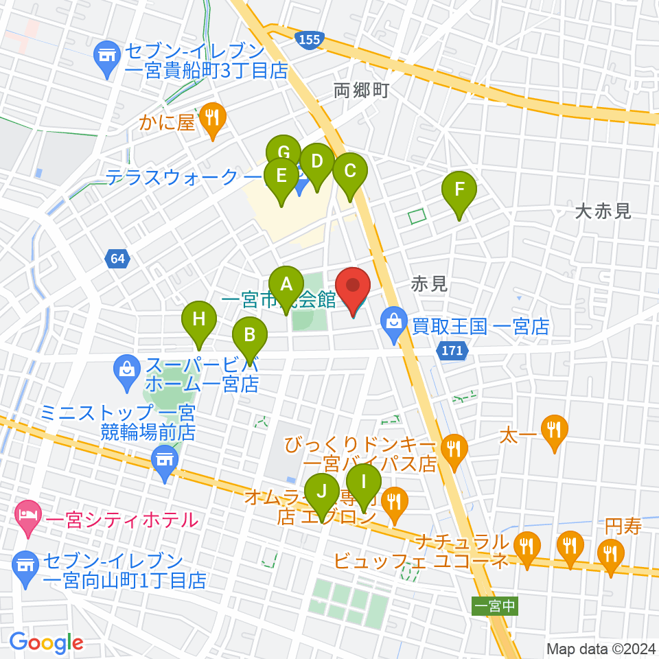 一宮市市民会館周辺のカフェ一覧地図