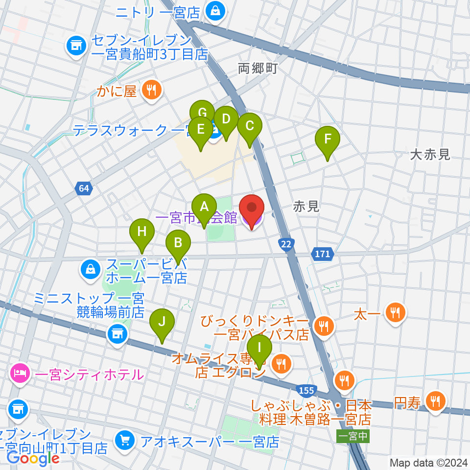 一宮市市民会館周辺のカフェ一覧地図