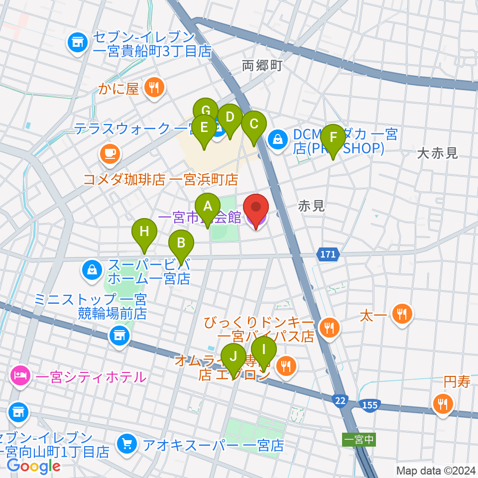 一宮市市民会館周辺のカフェ一覧地図