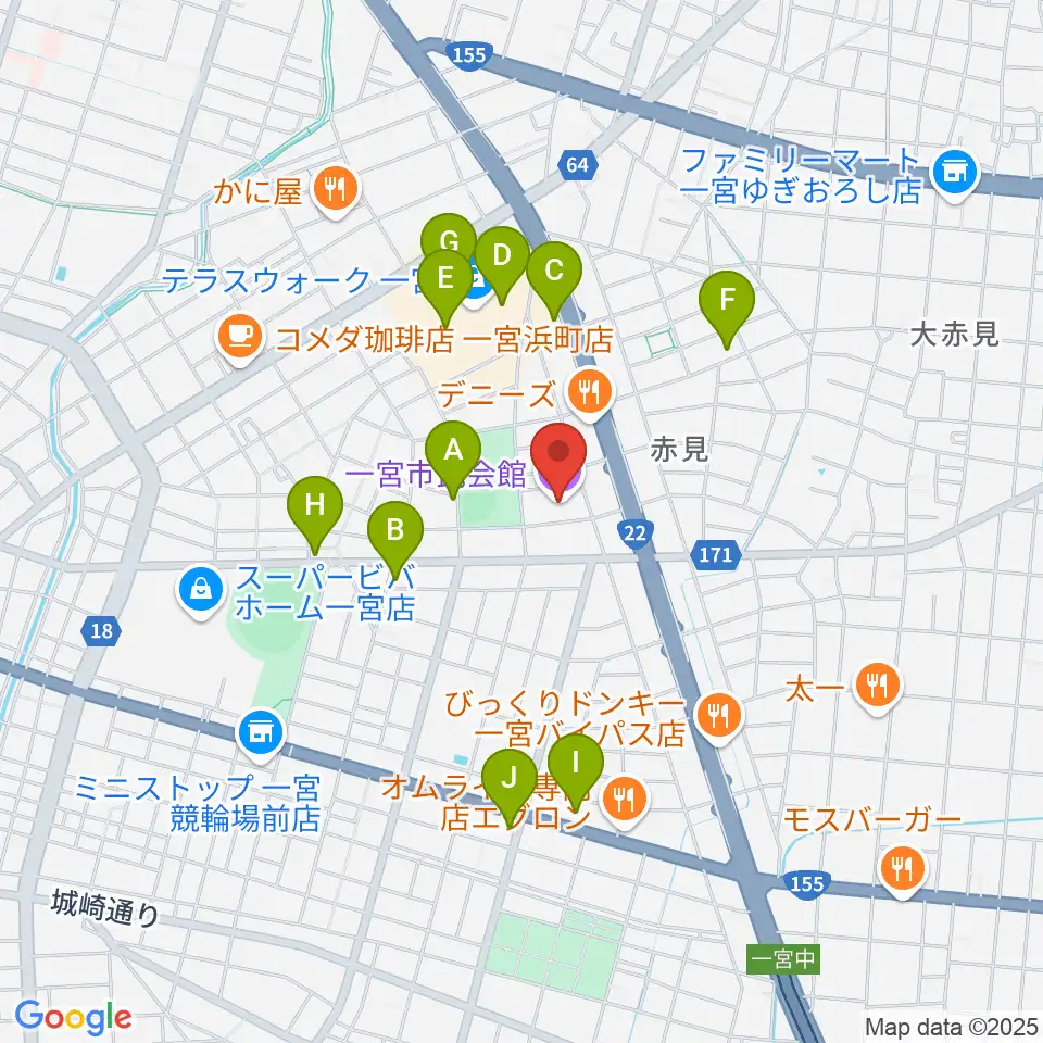 一宮市市民会館周辺のカフェ一覧地図