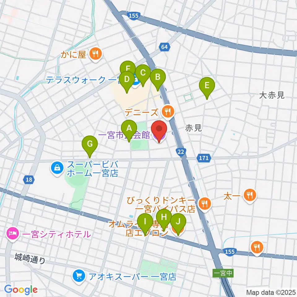 一宮市市民会館周辺のカフェ一覧地図