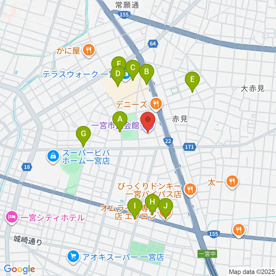 一宮市市民会館周辺のカフェ一覧地図