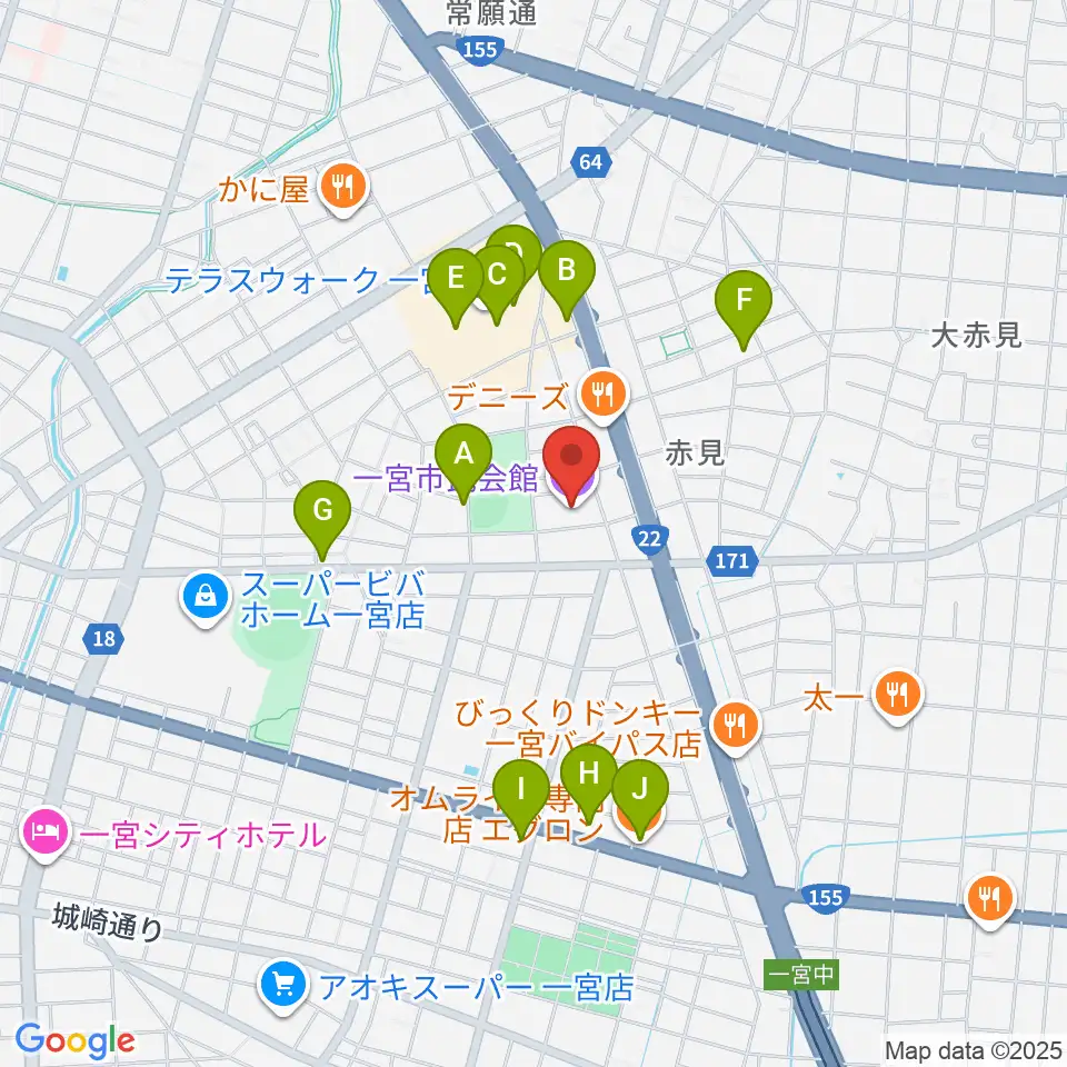 一宮市市民会館周辺のカフェ一覧地図