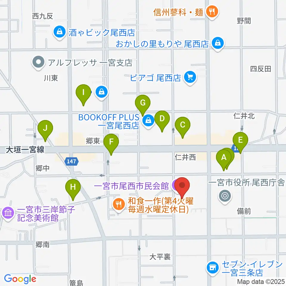 一宮市尾西市民会館周辺のカフェ一覧地図