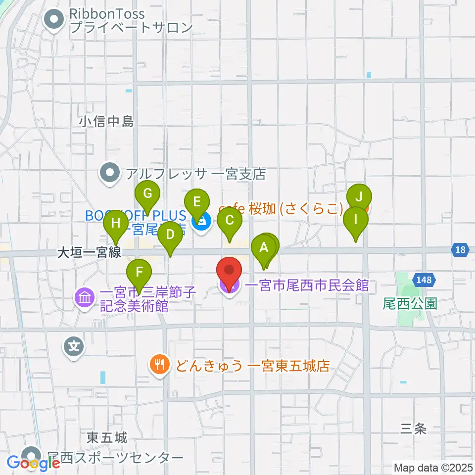 一宮市尾西市民会館周辺のカフェ一覧地図