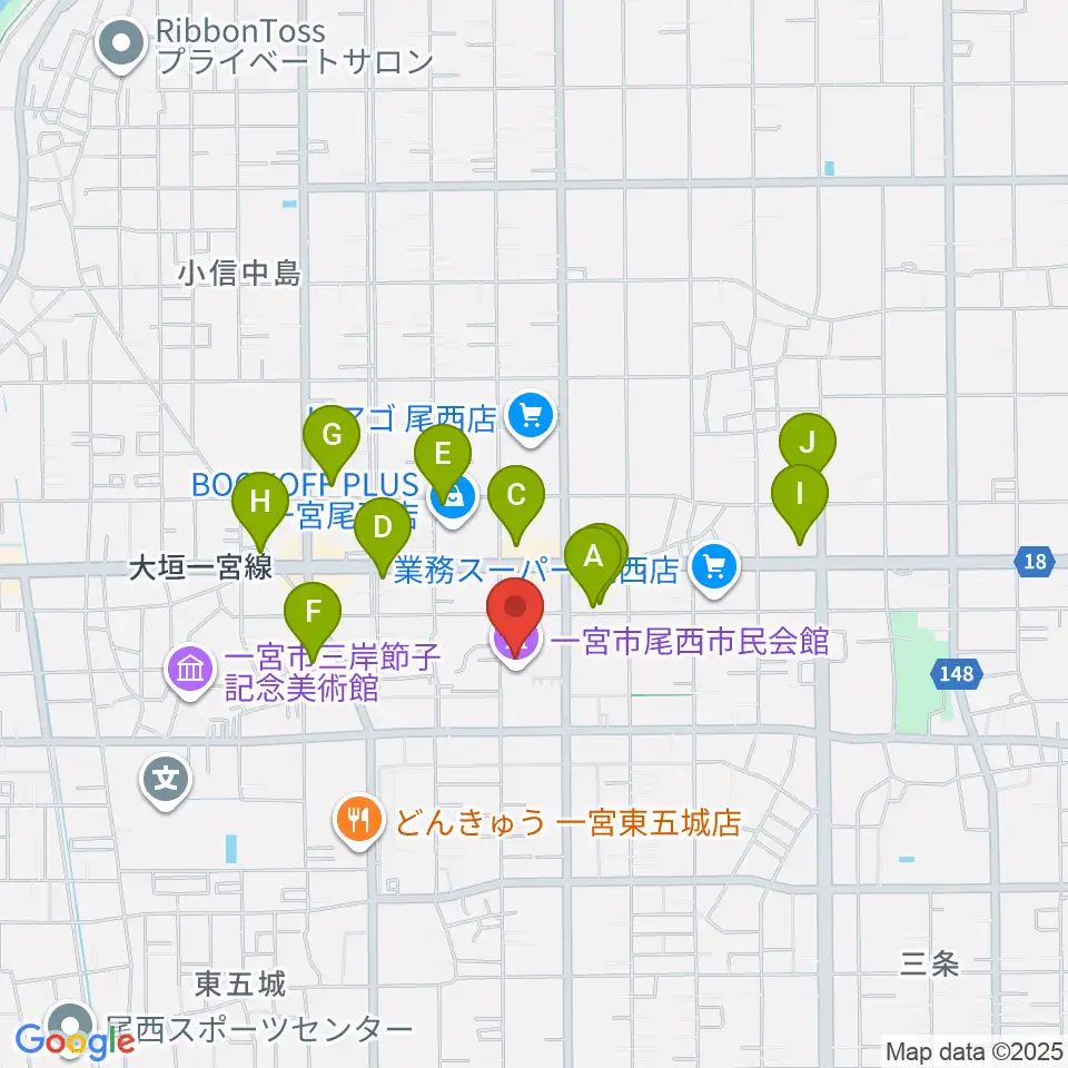 一宮市尾西市民会館周辺のカフェ一覧地図