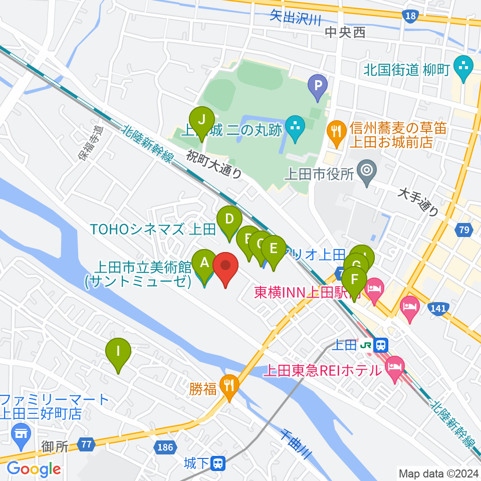 サントミューゼ 上田市交流文化芸術センター周辺のカフェ一覧地図