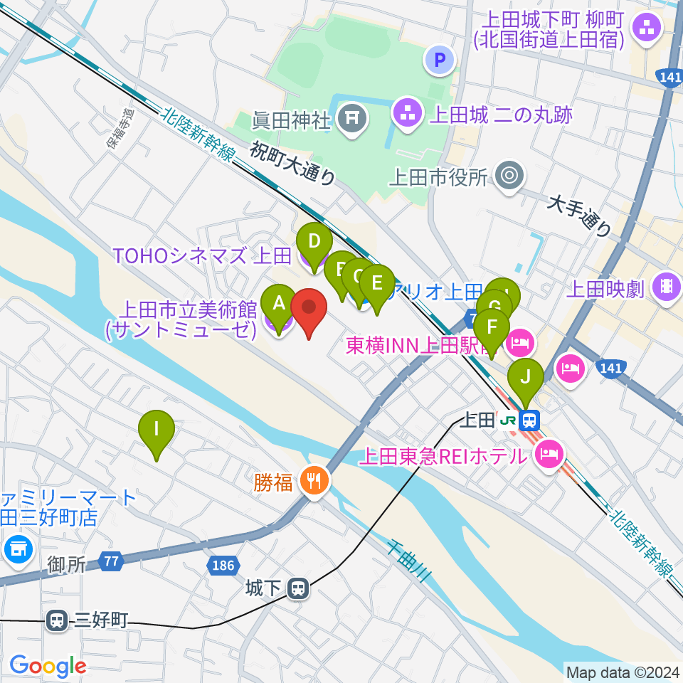 サントミューゼ 上田市交流文化芸術センター周辺のカフェ一覧地図