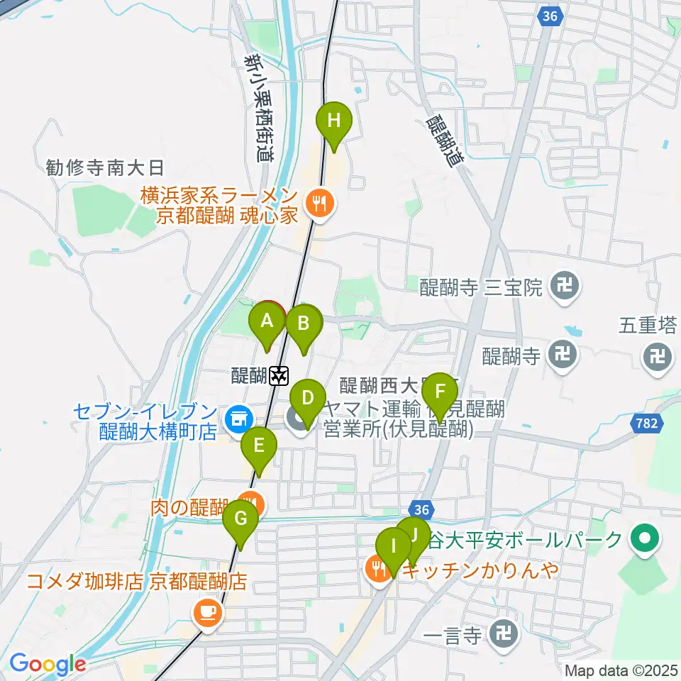 京都市醍醐交流会館周辺のカフェ一覧地図