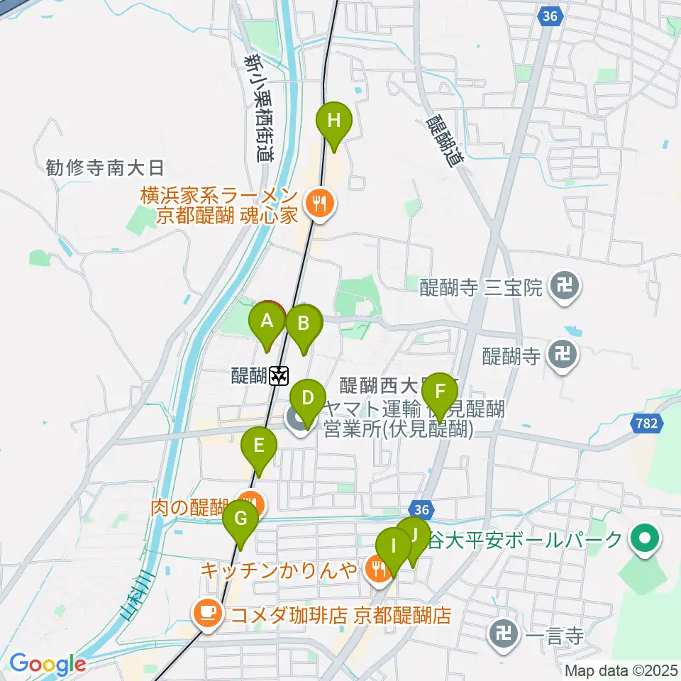 京都市醍醐交流会館周辺のカフェ一覧地図