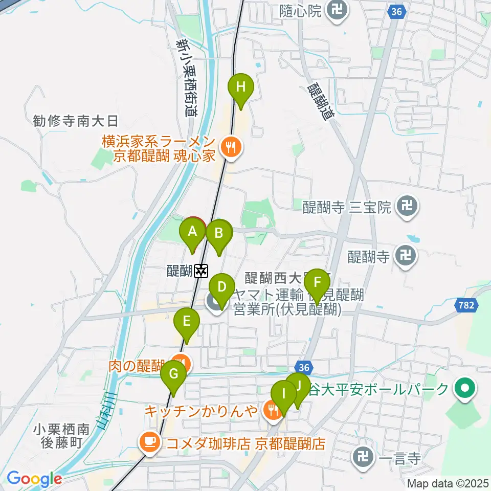 京都市醍醐交流会館周辺のカフェ一覧地図