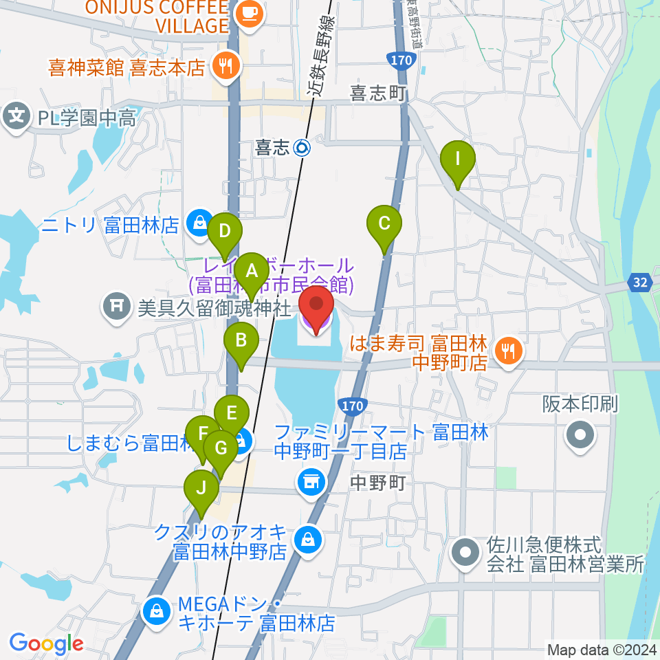 富田林市市民会館レインボーホール周辺のカフェ一覧地図