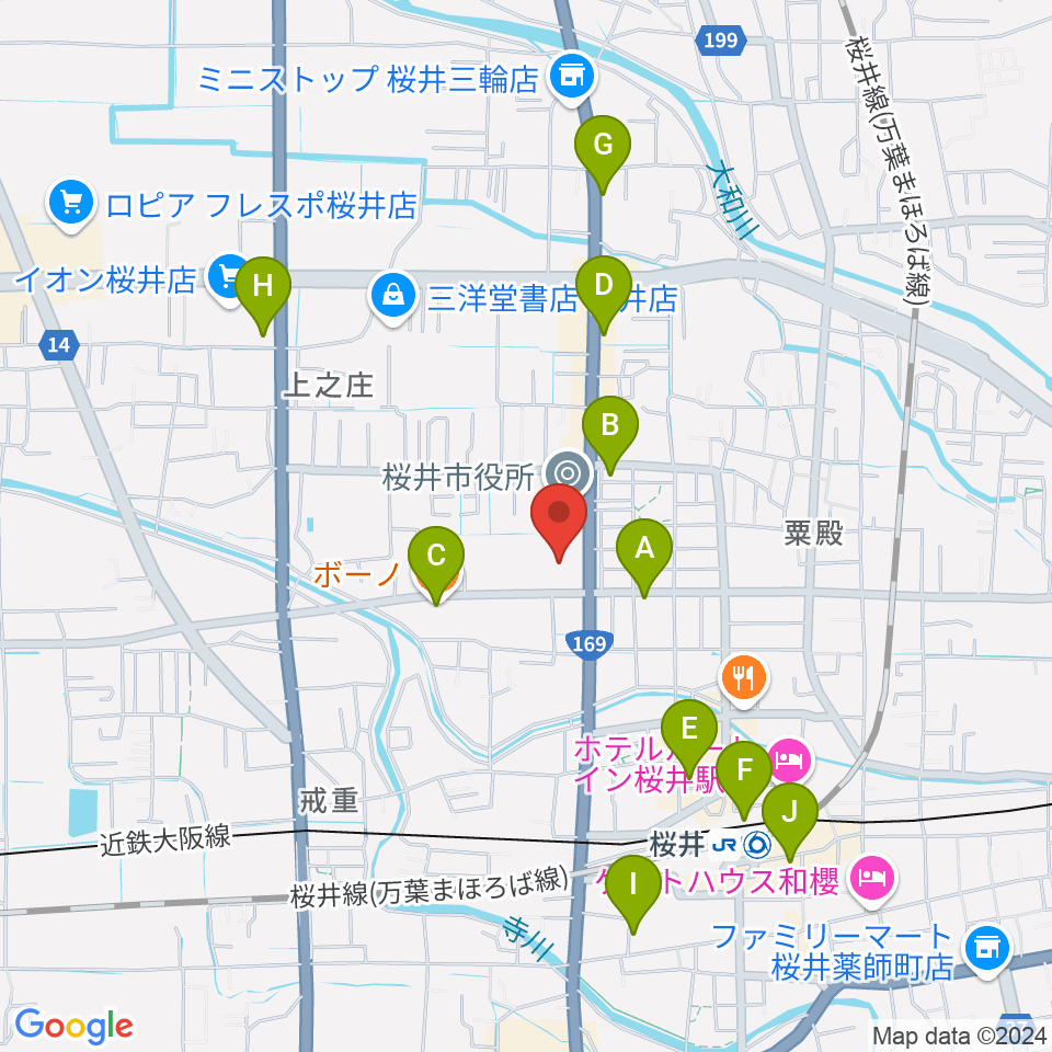 桜井市民会館周辺のカフェ一覧地図