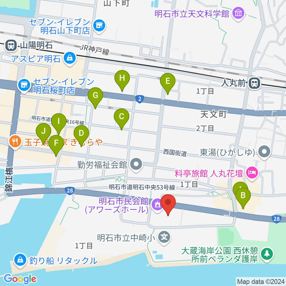 明石市立市民会館アワーズホール周辺のカフェ一覧地図