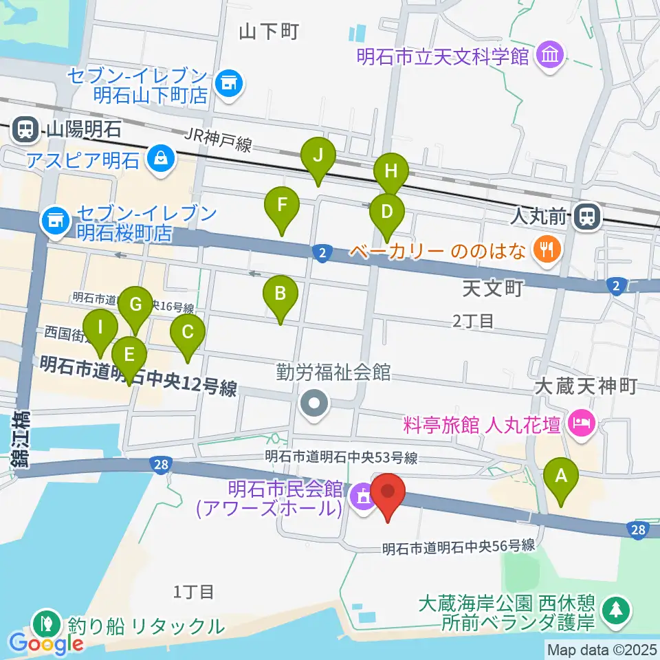 明石市立市民会館アワーズホール周辺のカフェ一覧地図