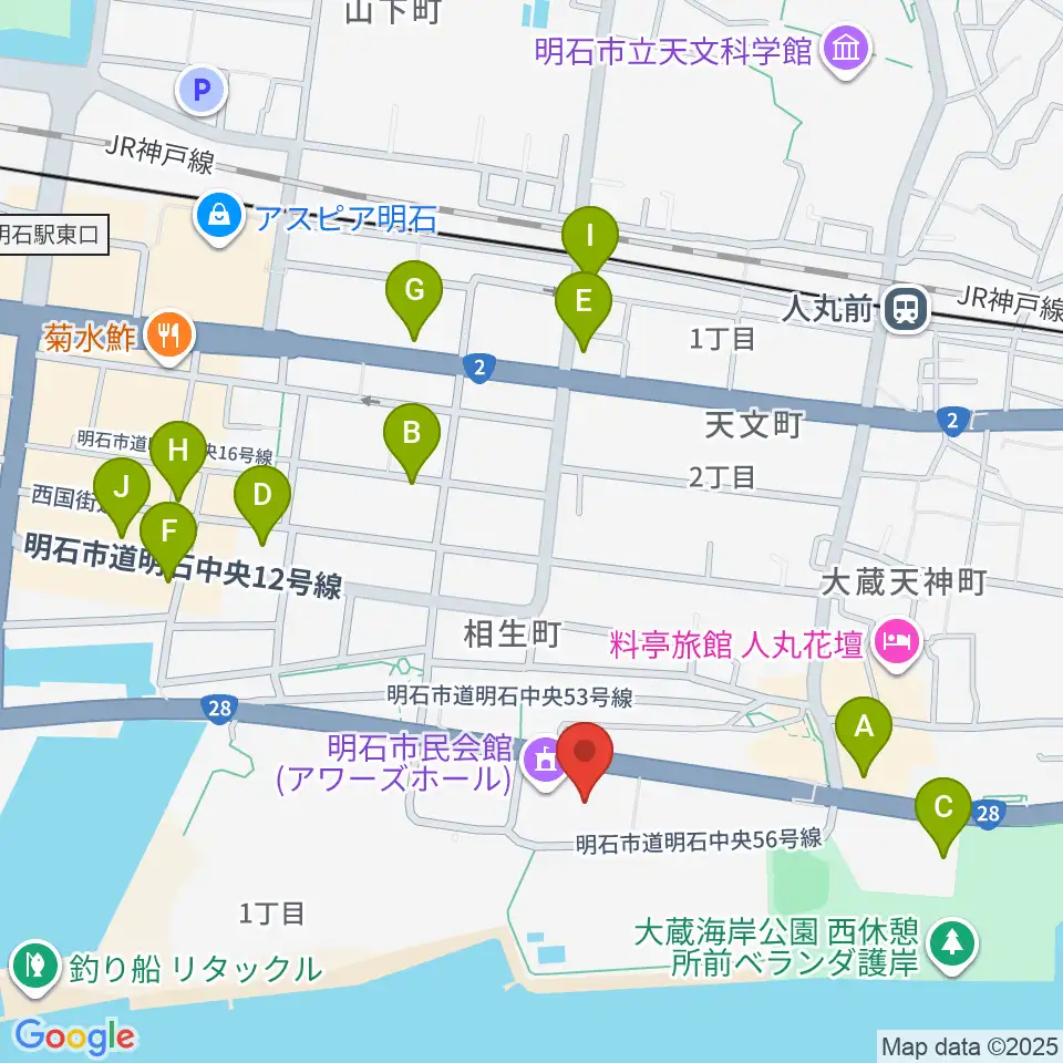 明石市立市民会館アワーズホール周辺のカフェ一覧地図