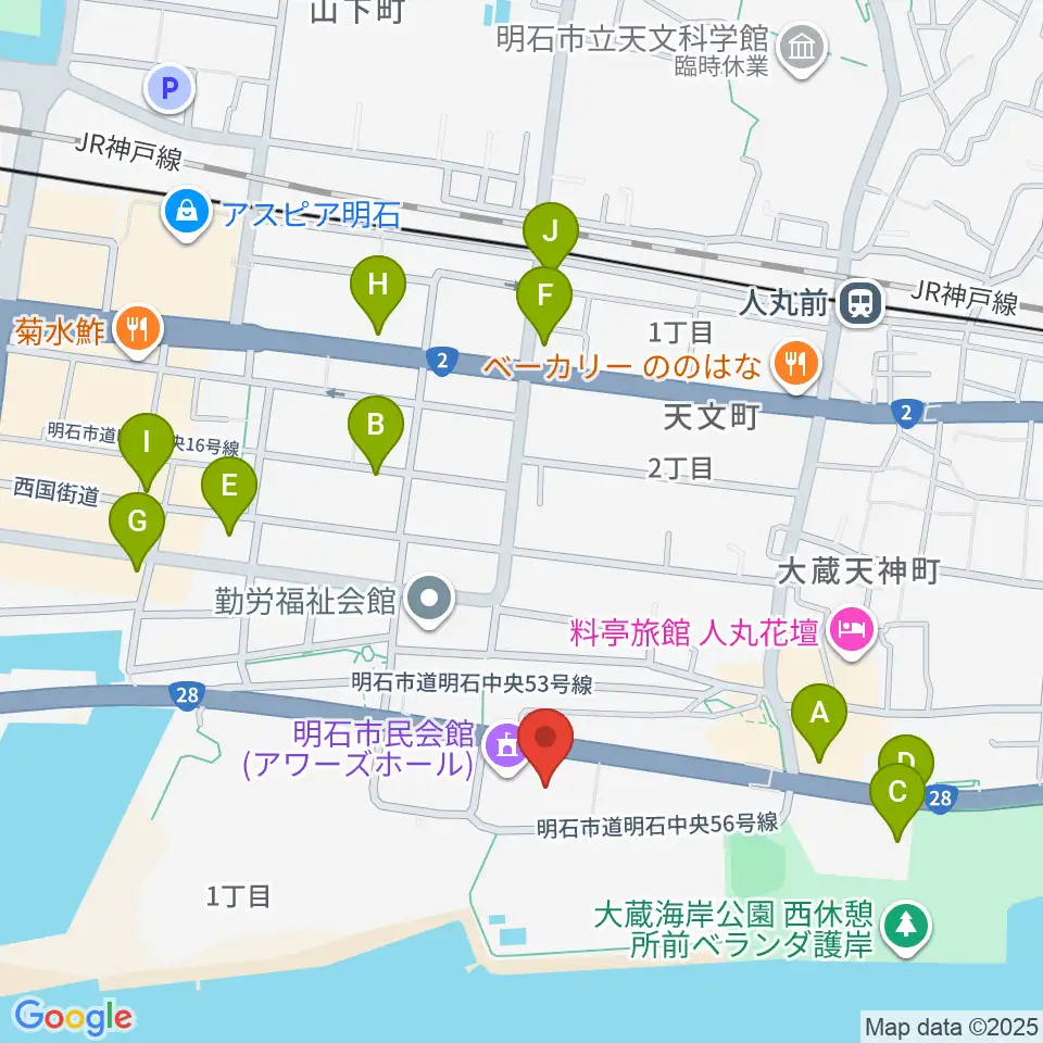 明石市立市民会館アワーズホール周辺のカフェ一覧地図