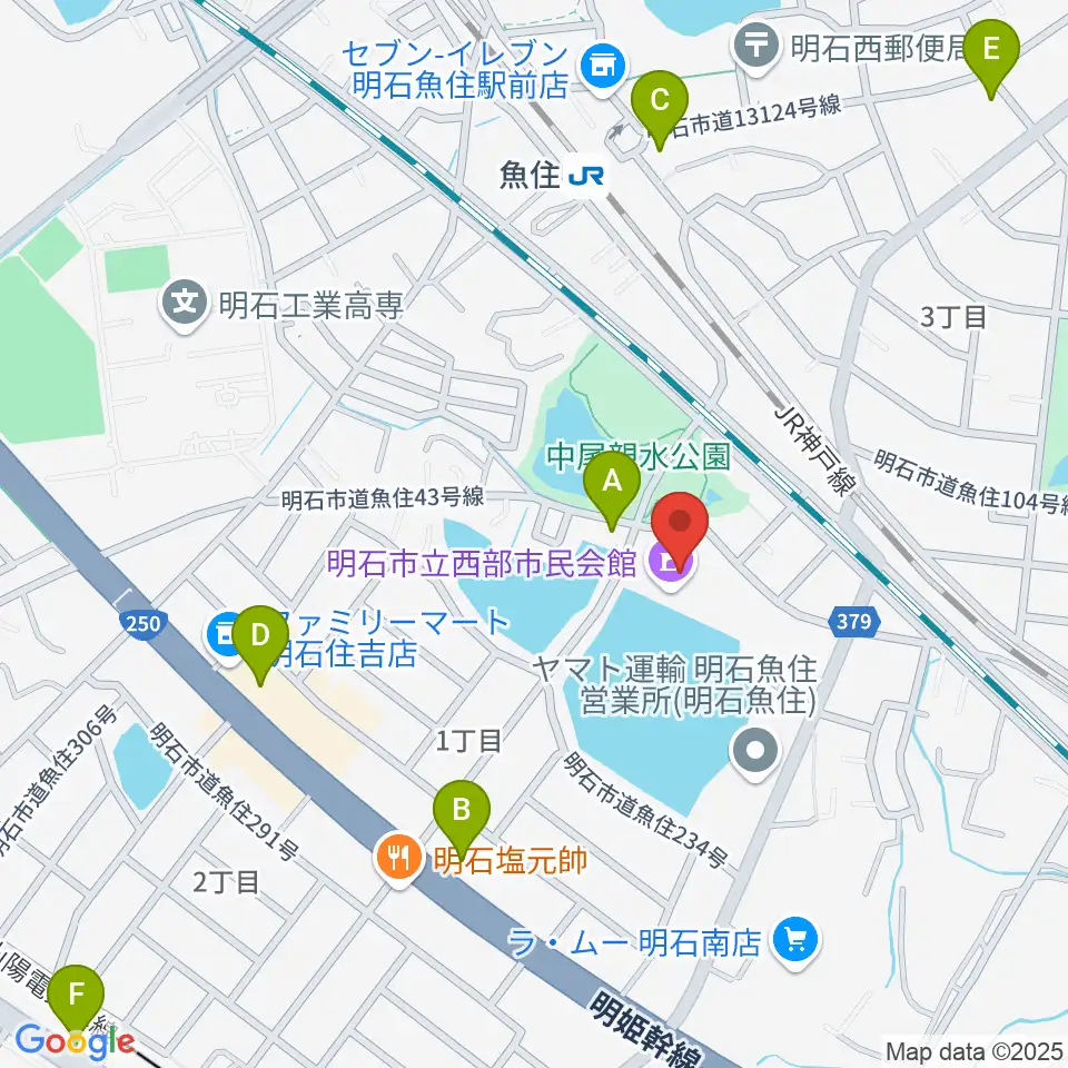 明石市立西部市民会館周辺のカフェ一覧地図