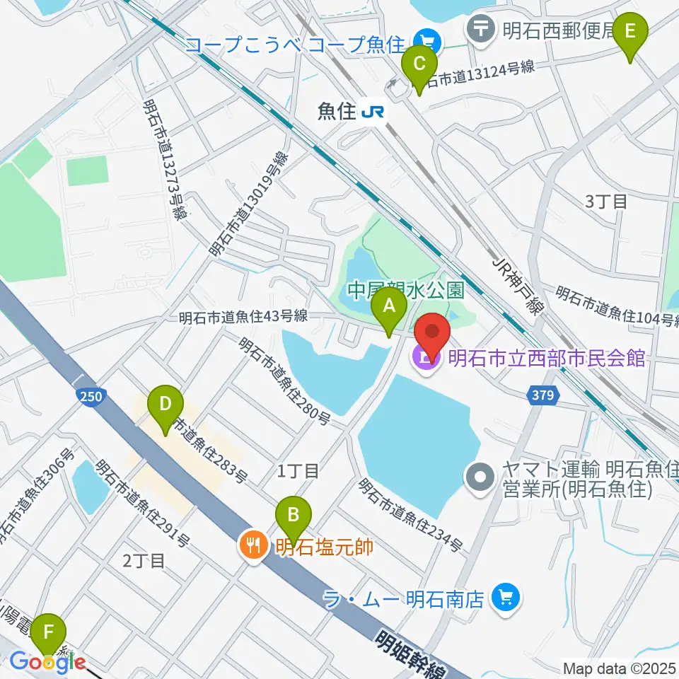 明石市立西部市民会館周辺のカフェ一覧地図