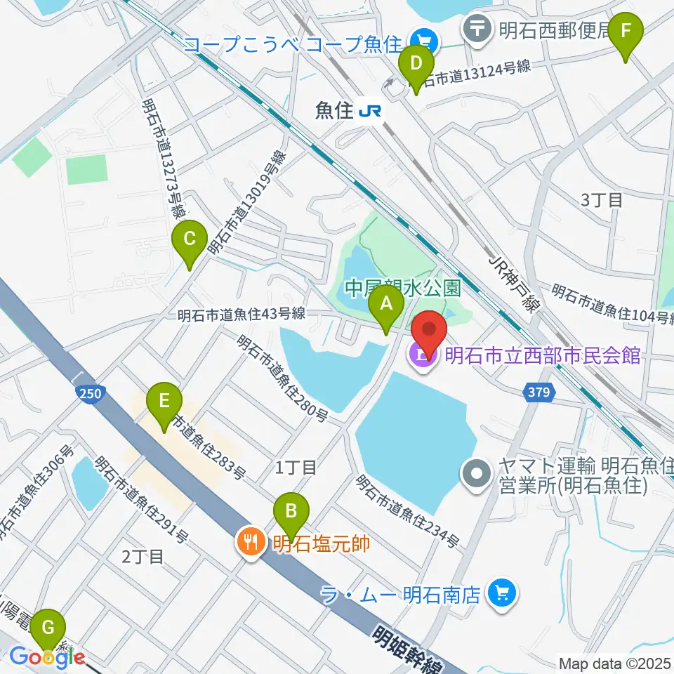 明石市立西部市民会館周辺のカフェ一覧地図