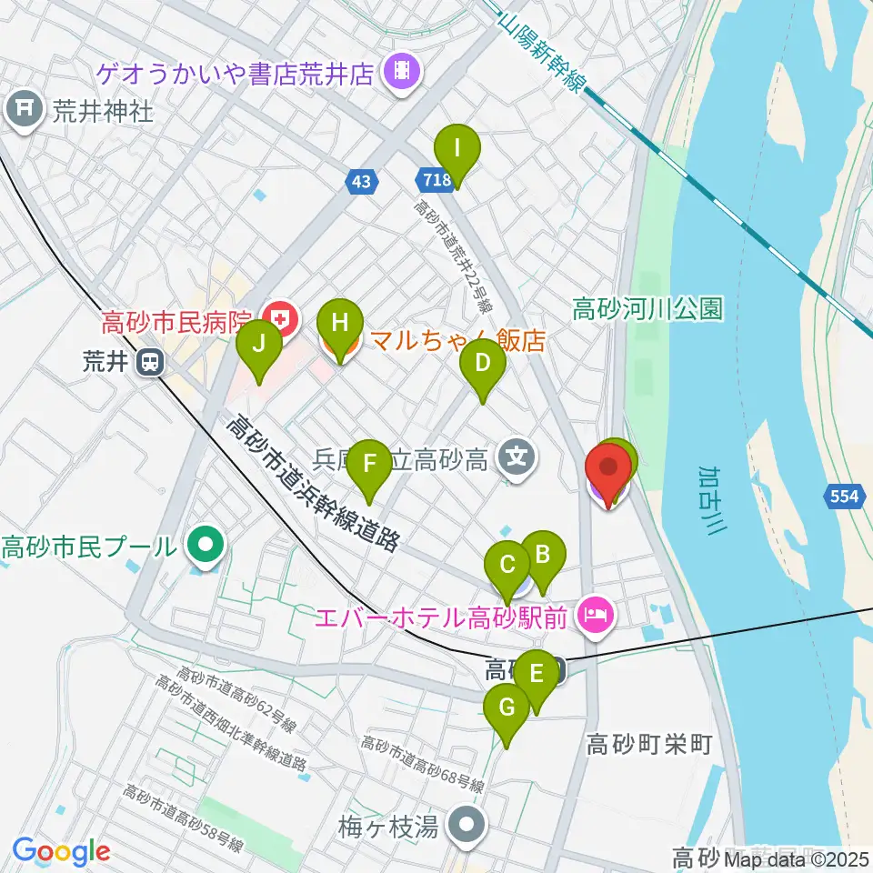 高砂市文化会館周辺のカフェ一覧地図