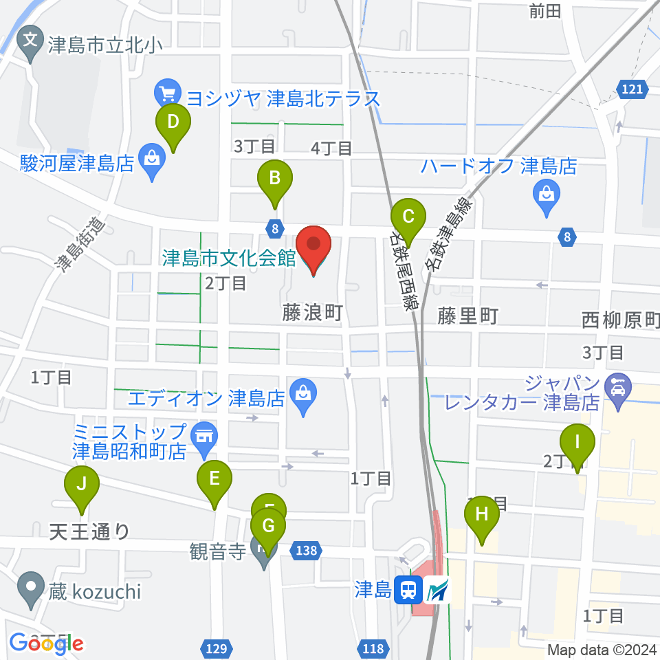 津島市文化会館周辺のカフェ一覧地図