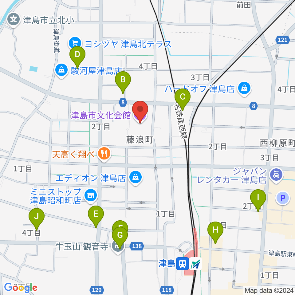 津島市文化会館周辺のカフェ一覧地図