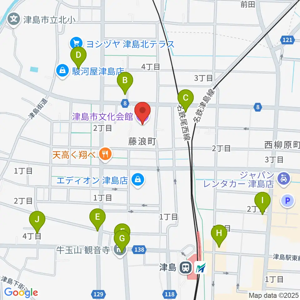 津島市文化会館周辺のカフェ一覧地図
