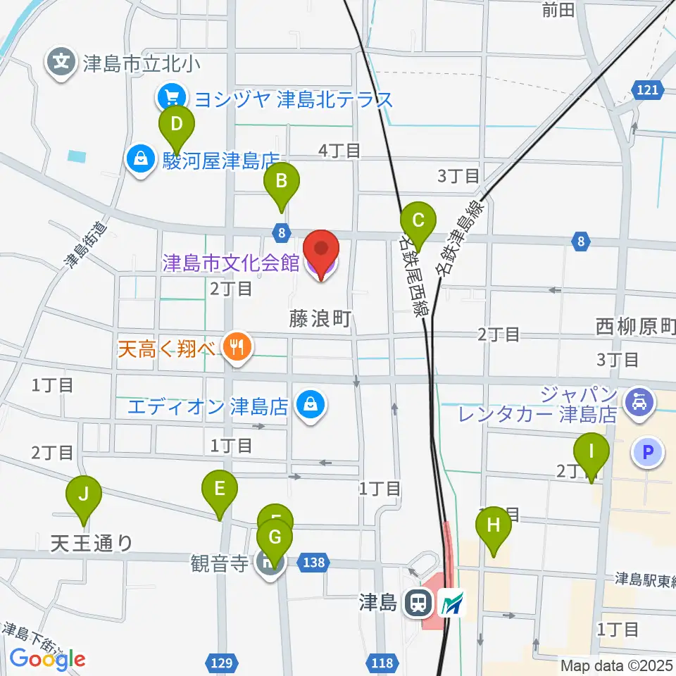 津島市文化会館周辺のカフェ一覧地図
