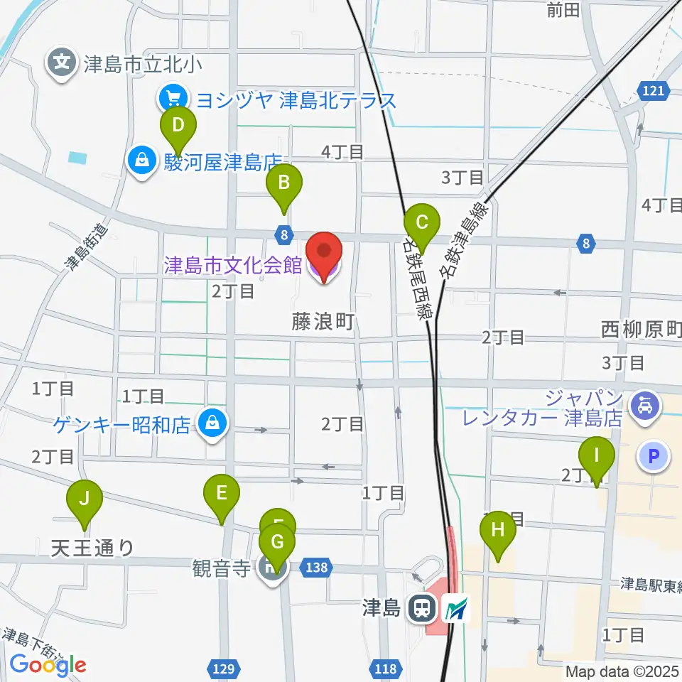 津島市文化会館周辺のカフェ一覧地図