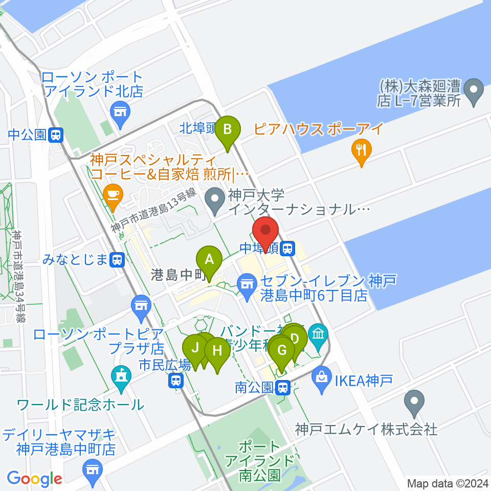 神戸ジーベックホール周辺のカフェ一覧地図