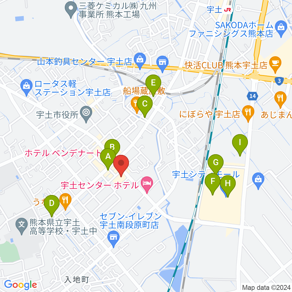 宇土市民会館周辺のカフェ一覧地図