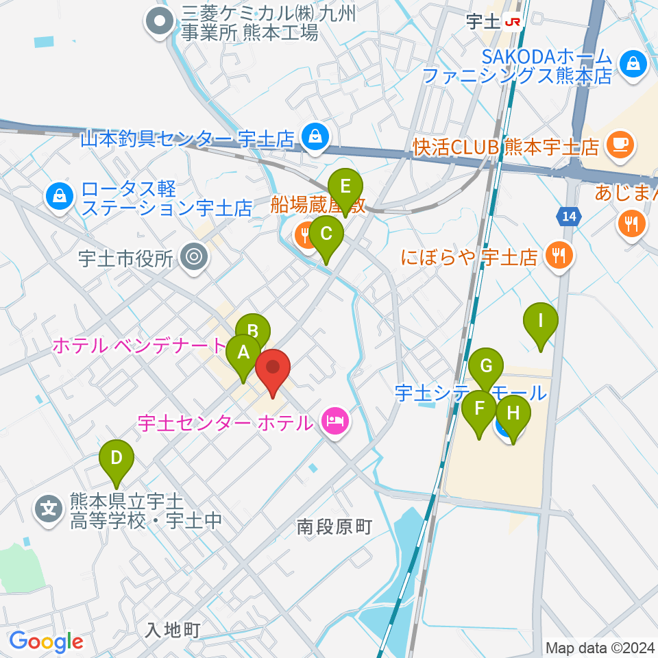 宇土市民会館周辺のカフェ一覧地図