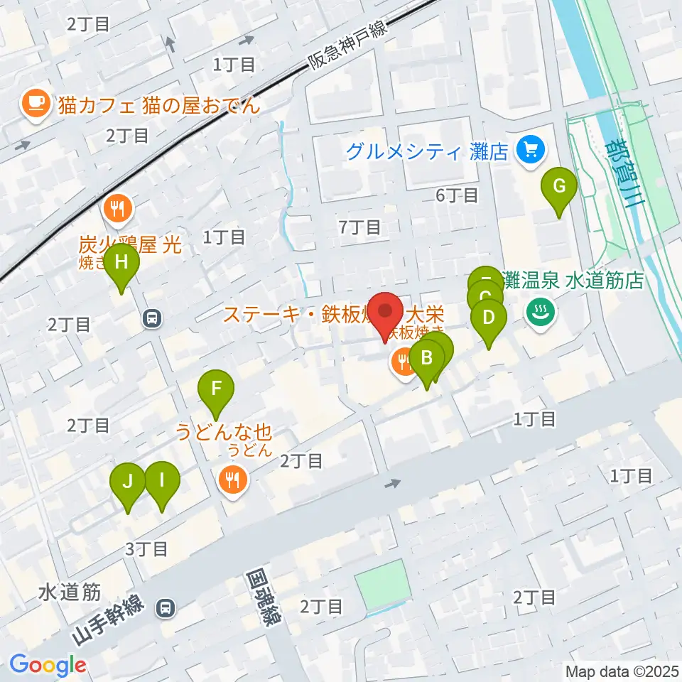 神戸マンボーギター教室周辺のカフェ一覧地図