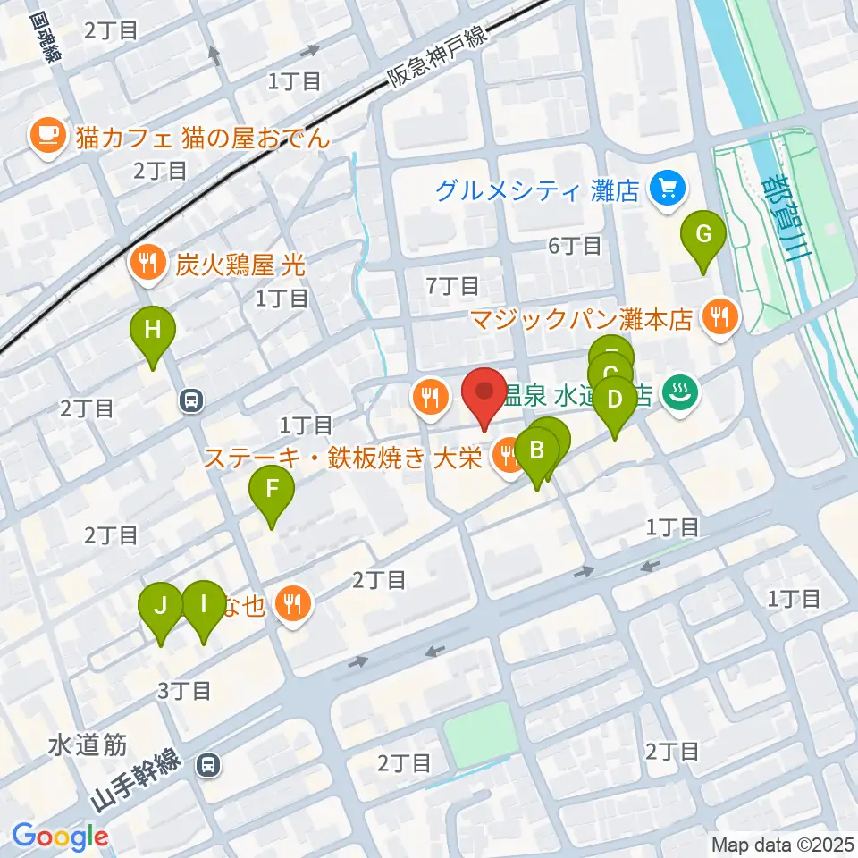神戸マンボーギター教室周辺のカフェ一覧地図