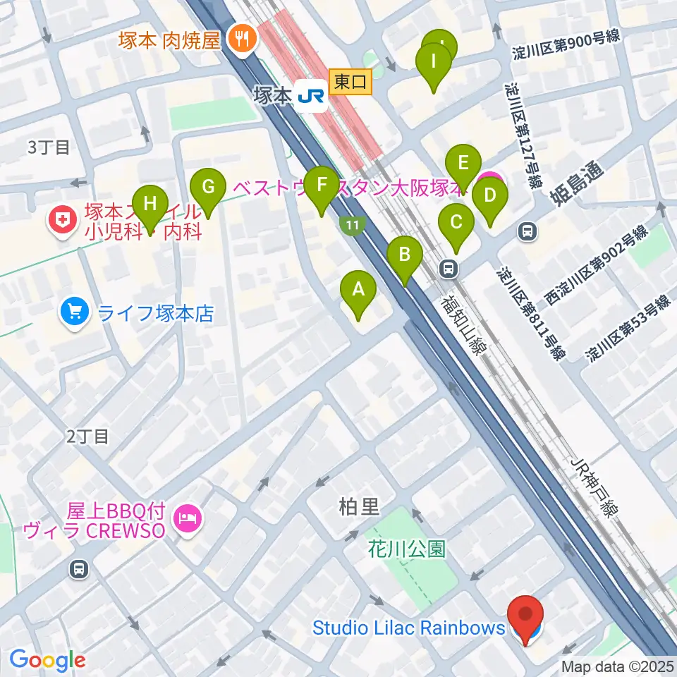 スタジオライラックレインボーズ周辺のカフェ一覧地図