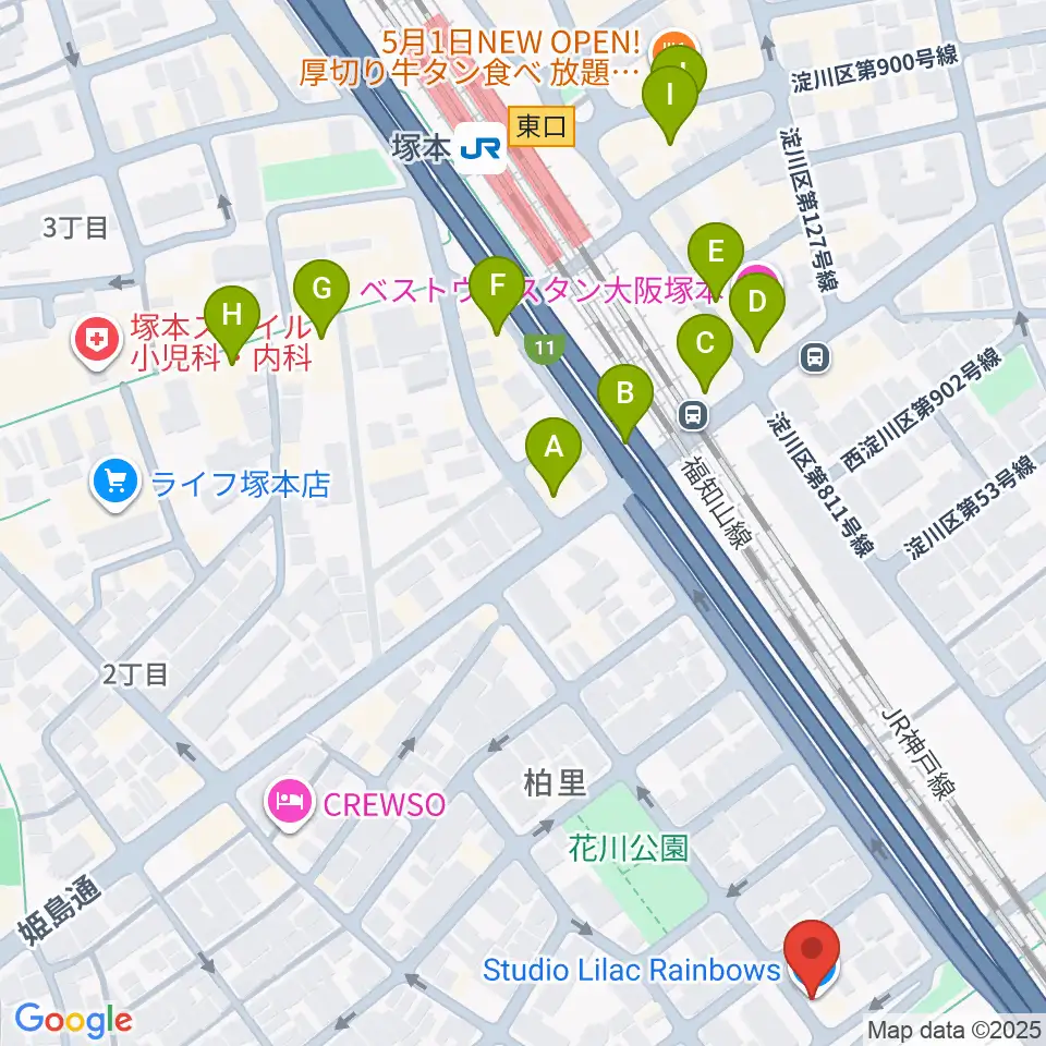 スタジオライラックレインボーズ周辺のカフェ一覧地図