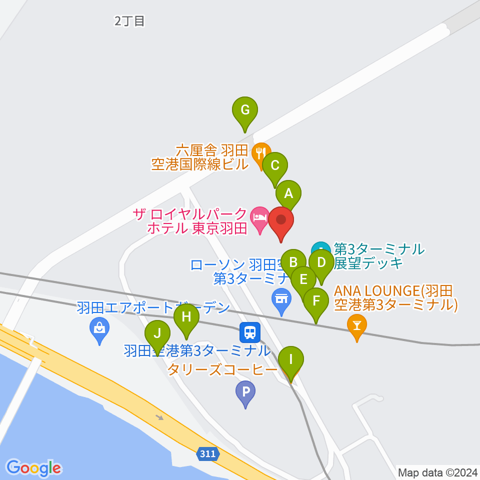 羽田空港ティアットスカイホール周辺のカフェ一覧地図