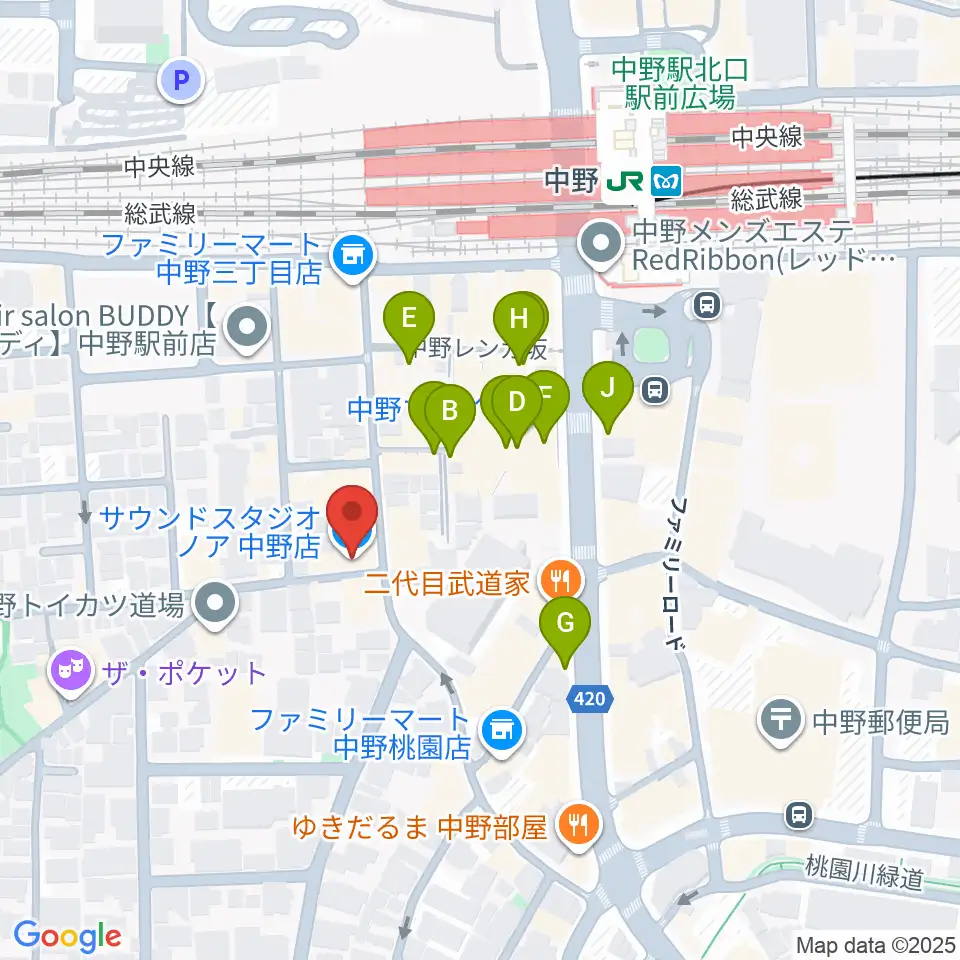サウンドスタジオノア 中野店周辺のカフェ一覧地図