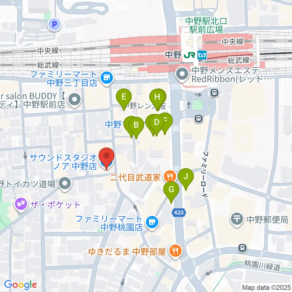サウンドスタジオノア 中野店周辺のカフェ一覧地図